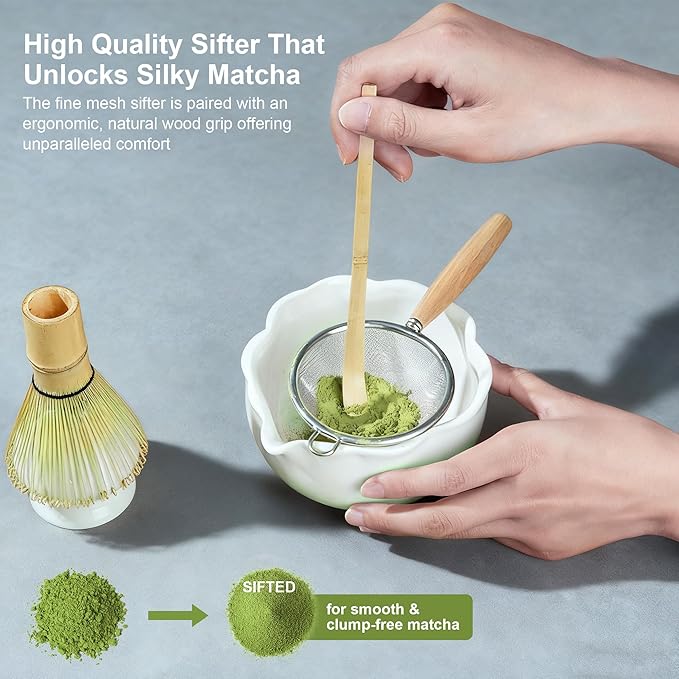 8Pcs Matcha Whisk Set with Floral Ceramic Matcha Bowl, Wooden-Handled Sifter, Bamboo Whisk, Whisk Holder, Bamboo Scoop, Scoop Rest, Spoon, Tea Towel, Greeting card, Gift for Beginners