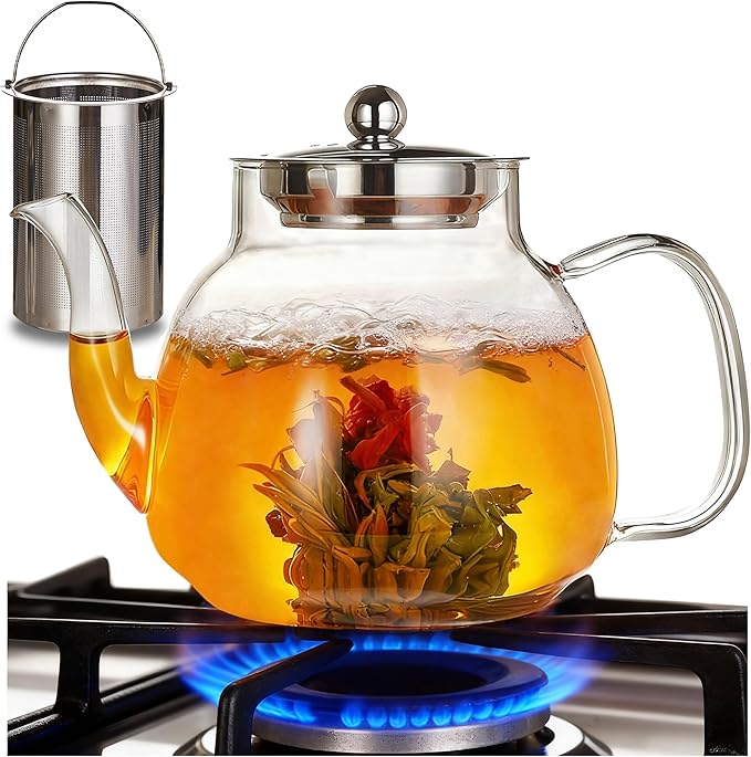 37oz/1100ml Glass Teapot with Removable Infuser, Stovetop & Microwave Safe Borosilicate Tea Kettle, Clear Flowering Tea Maker with 18/10 Stainless Steel Filter for Loose Leaf & Blooming Tea