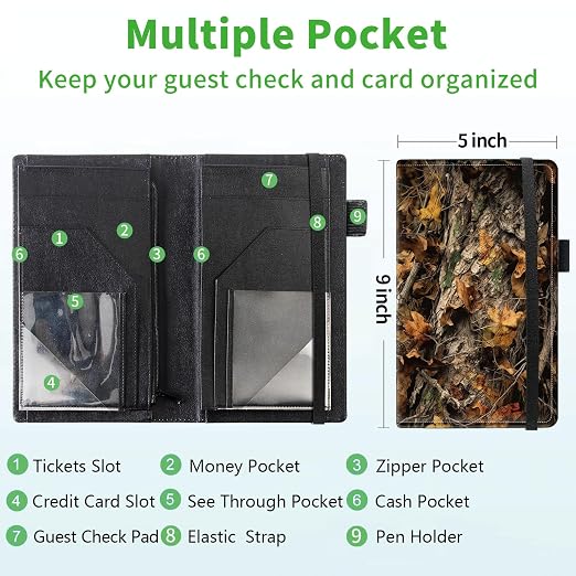 Server Books for Waitress, 5x9 Inch Waitstaff Server Order Pads, 11 Large Pockets, Cute PU Leather Waitress Book Server Wallet with Elastic Band Fit Server Apron,Forest - Image 3