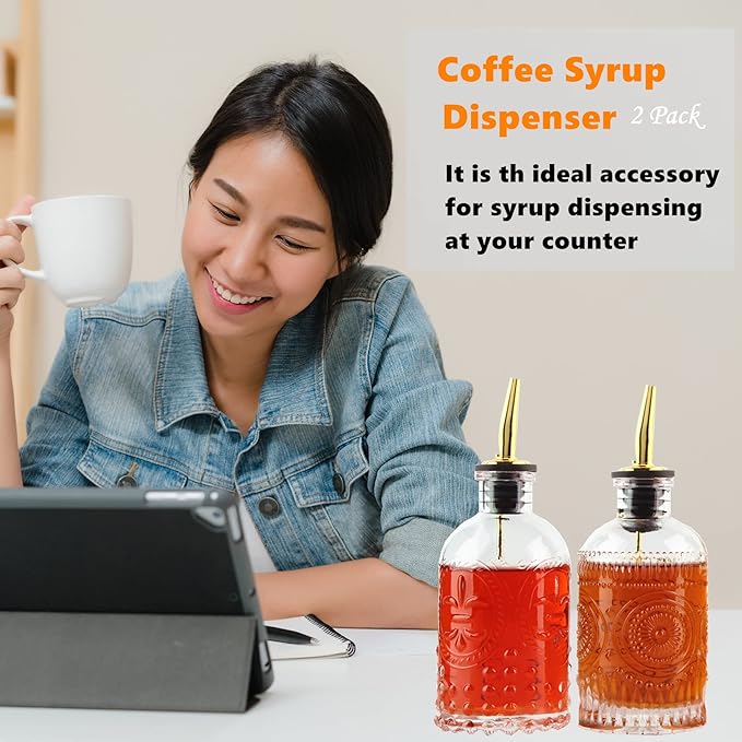 Shining Craft Coffee Syrup Dispenser Bottles Set 2 Pack 7 OZ Simple Small Syrup Bottles Set with Metal Pour Spout Ideal for Coffee Syrups, Condiments, Coffee bar, SC056 (2 pack) - Image 2