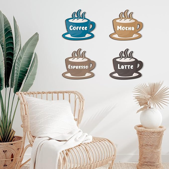 Blulu 4 Pieces Coffee Wooden Wall Art Decor Wooden Coffee Cup Signs Espresso, Latte, Mocha - Rustic Farmhouse and Vintage Cafe Wall Decor