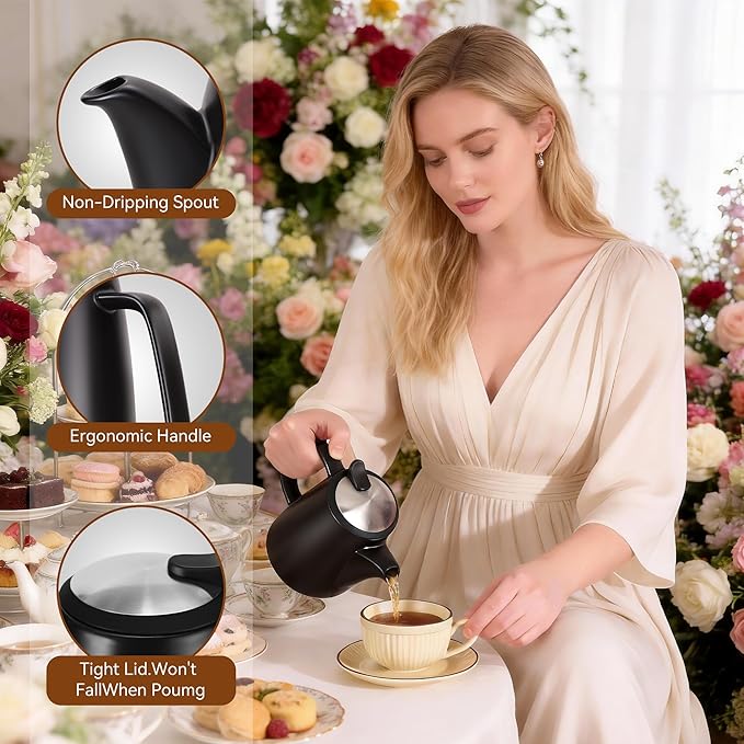 Ceramic Teapot with Infuser, 32 oz Loose Leaf Tea Pot Ceramic with Removable Stainless Steel Infuser, Mess-Free Loose Tea Diffusers, Ideal for Tea Steeper (Black)