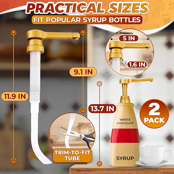 2 Pcs Sauce Pump Dispenser – Compatible with Torani, Davinci (64oz), and Ghirardelli (87-90oz) Bottles | Pump for Coffee Syrup Bottle 0.5oz Each Press – Adjustable Long Tube & Lockable Design
