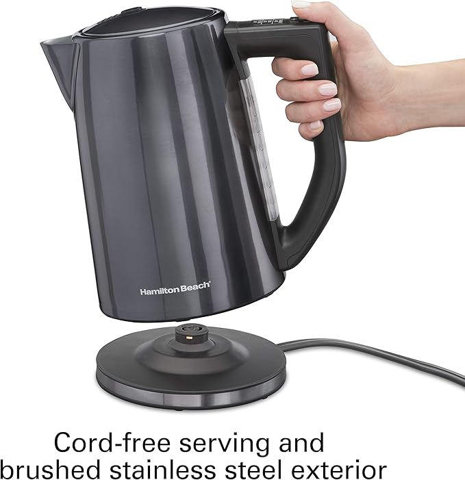 Hamilton Beach Temperature Control Electric Tea Kettle, Water Boiler & Heater, 1.7L, Cordless, LED Indicator, Auto-Shutoff, Keep Warm & Boil-Dry Protection, Black Stainless Steel (41027)