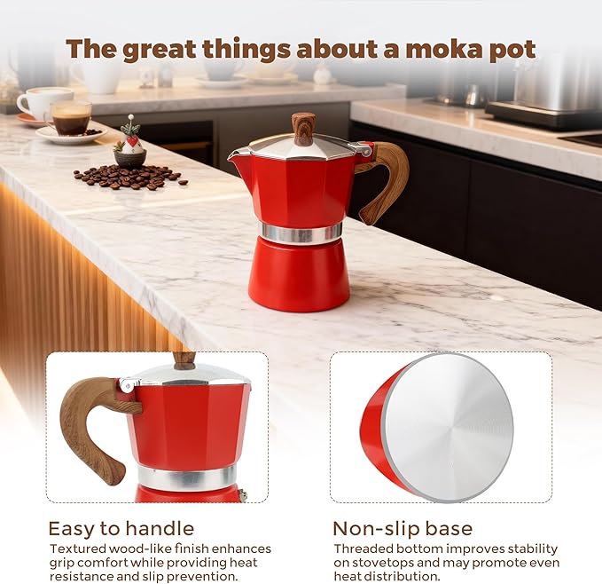 ShanSon Moka Pot Stovetop Espresso Maker 6 Cup 10 oz Italian Coffee Maker Manual Cuban Coffee Percolator Machine Italian Espresso Greca Coffee Maker for Cappuccino or Latte,Red
