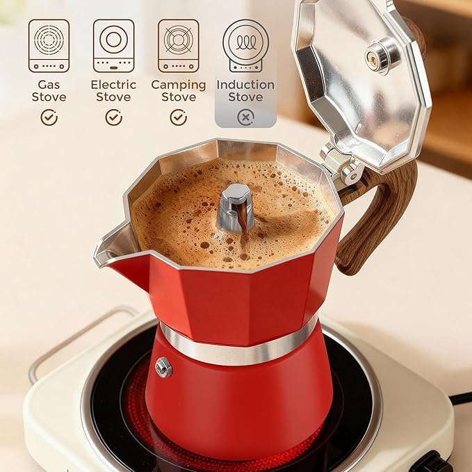 ShanSon Moka Pot Stovetop Espresso Maker 3 Cup 5 oz Italian Coffee Maker Manual Cuban Coffee Percolator Machine Italian Espresso Greca Coffee Maker for Cappuccino or Latte,Red