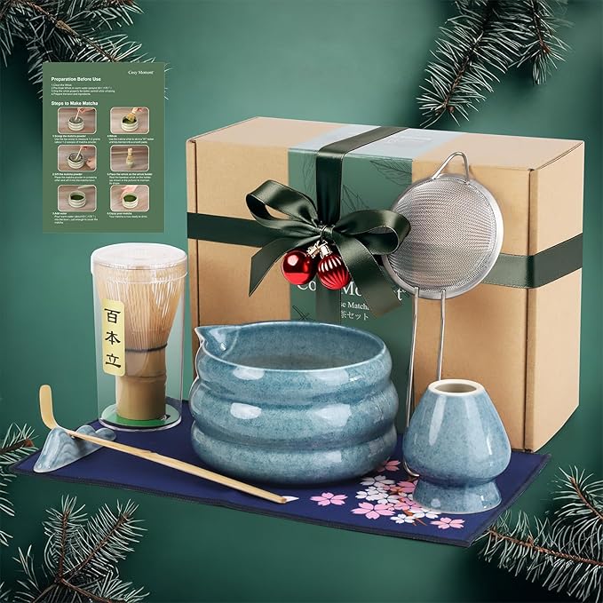 Blue Matcha Whisk Set, Ceramic Matcha Kit Set Valentine Gift Present Includes Matcha Bowl, Matcha Whisk and Holder, Bamboo Scoop, Scoop Rest, Sifter and Tea Towel - 7 Pcs Matcha Kit for Matcha Lovers
