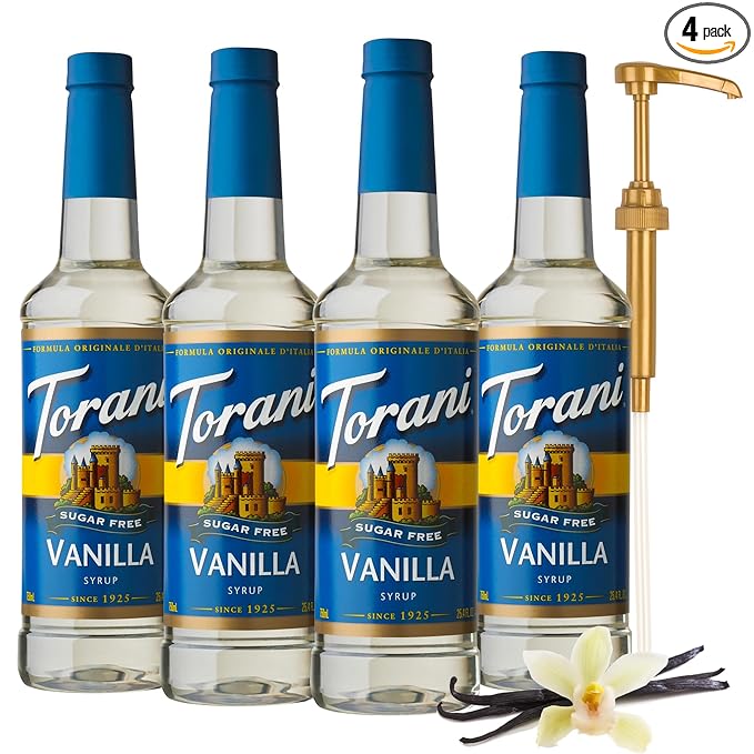Torani Sugar Free Vanilla Flavored Drink Syrup with Pump, 25.4 fl oz (Pack of 4)