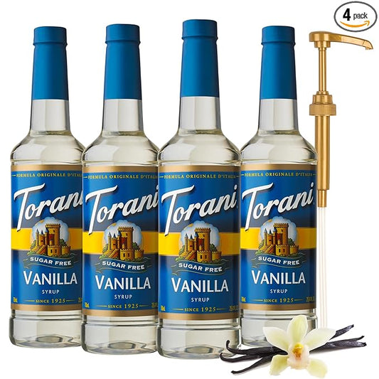 Torani Sugar Free Vanilla Flavored Drink Syrup with Pump, 25.4 fl oz (Pack of 4)