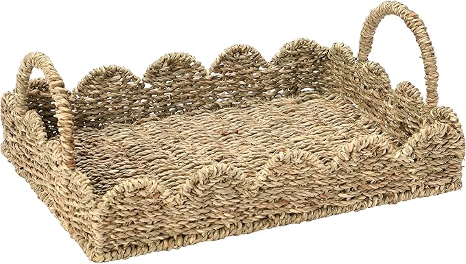 BISS Scalloped Rattan Serving Tray with Removable Floral Transparent Board – Natural Rattan Decorative Tray with Foldable Handles & Scalloped Edge – Wicker Woven Tray for Coffee Table, Dining