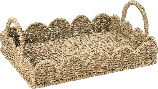 BISS Scalloped Rattan Serving Tray with Removable Floral Transparent Board – Natural Rattan Decorative Tray with Foldable Handles & Scalloped Edge – Wicker Woven Tray for Coffee Table, Dining