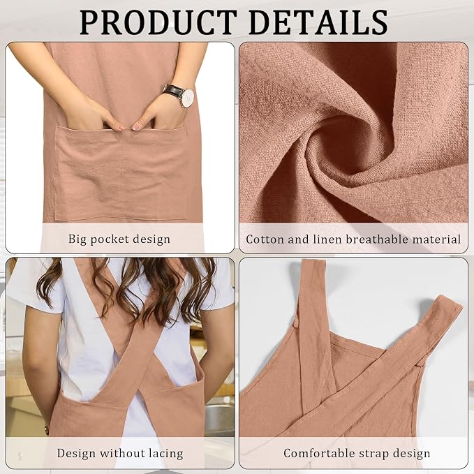 Japanese Style Apron, X Cross Back Strap Aprons, Linen and Cotton Blend Apron, No Tie Design with 2 Practical Front Pockets, Perfect for Women Men Baking Painting Gardening Cleaning (Orange) - Image 6