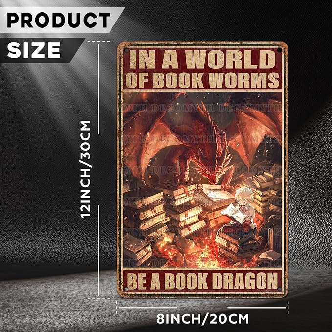 Dragon Vintage Art Wall Decor Sign In A World of Bookworms Be A Book Dragon for Garage Home Bedroom Bar Wall Decor 12 * 8inch - Image 4
