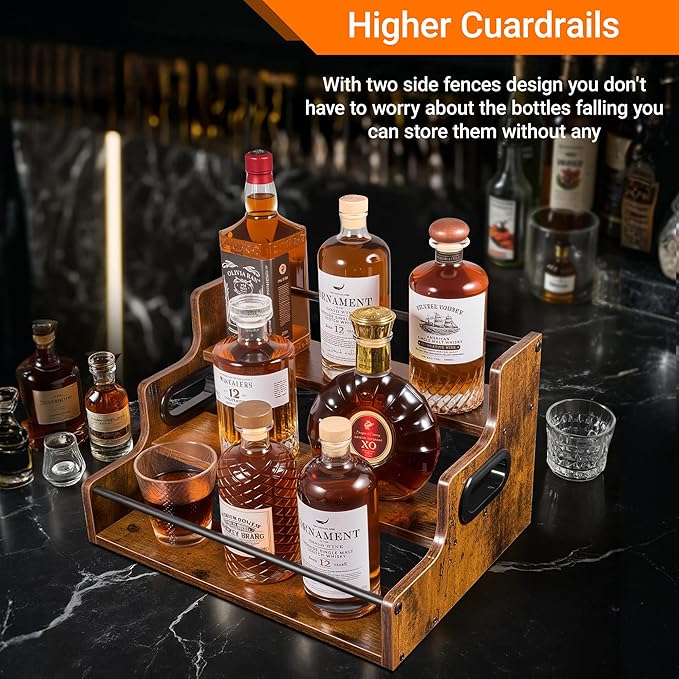 YQBRAO [Upgraded] Rustic Wood Liquor Bottle Display Shelf, 3-Tier Liquor Shelf for Bar Counter, Coffee Syrup Rack Organizer with Handles & Metal Guardrail, Bar Bottle Stand for Home, Kitchen, Cafe