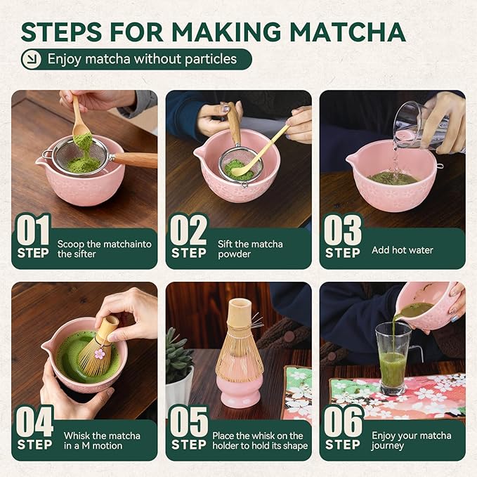 Sakura Matcha Whisk Set, 8 PCS Japanese-Style Matcha Kit with Cherry Blossom Matcha Bowl, Bamboo Whisk & Holder, Scoop, Spoon Rest, Wooden-Handle Sifter & Gift Box for Matcha Lovers (Pink)