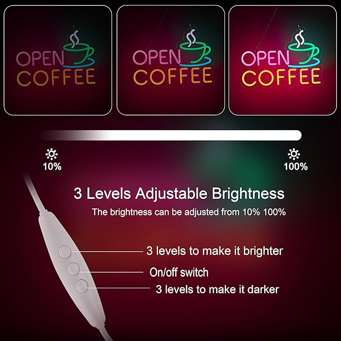 Coffee Open Neon Sign for Coffee Bar Wall Décor Dimmable Business Shop LED Neon Light USB Powered Art Signs Decor