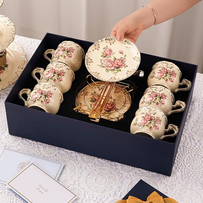 YOLIFE 8 OZ Tea Cups and Saucers Set of 6, Ivory Porcelain Tea Cups Set with Stand, Rose with Gold Leaves Trim Design, Gift for Women (Includes Gift Box, Tote Bag, Greeting Card)