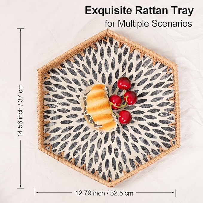 Hexagon Rattan Tray with Mother of Pearl Inlay, Rattan Serving Tray for Coffee, Bread, Fruits, Snacks, Decorative Wicker Tray for Table Decor, Home Decor (Dark Blue Leaves, 14.5"×12.8")