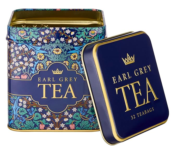 New English Teas Victorian Garden Tea Tin with 32 English Breakfast Teabags – Tapestry Inspired Tin with Decorative Pink Florals (Earl Grey)