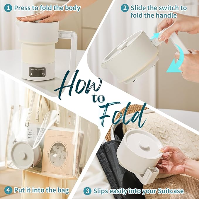 Travel Electric Kettle-Collapsible Portable Electric Kettle, 600W Foldable Small Water Boiler with 4-Temp Presets, Food Grade Silicone for Hotel, Office, Camping (Beige, 600mL)