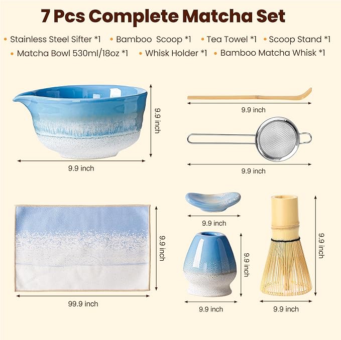 Matcha Whisk Set, Ceramic Matcha Kit Desert Style, Matcha Whisk and Bowl, Bamboo Scoop and Rest, Sifter and Tea Towel, 7 Pcs Gifts for Matcha Lover - Light Blue
