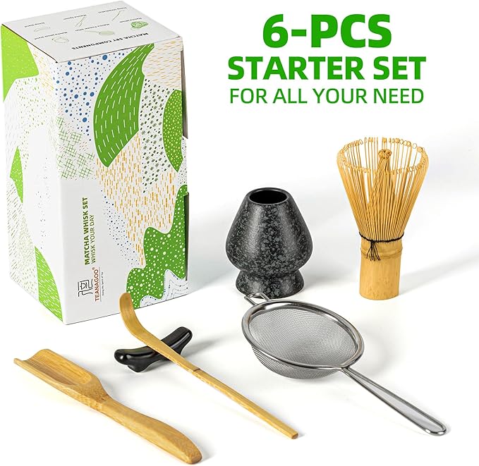 TEANAGOO Matcha Whisk Set,Bamboo Matcha Whisk (100 prongs) with Black Holder,6-PCS Traditional Starter Set,Scoop (Chashaku),Bamboo Chasen for Making Latte,Ceremony Accessory,Gife for Friend/Family