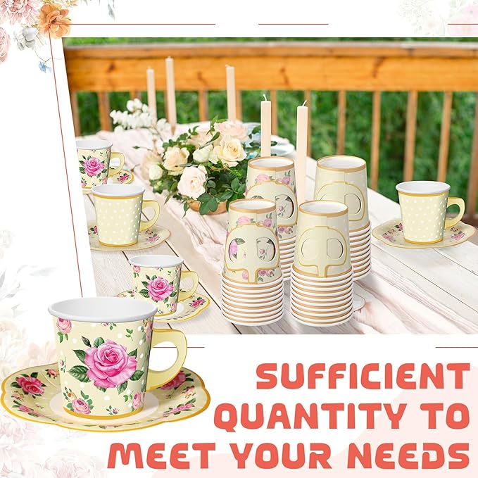 Umigy 36 Sets Tea Party Decorations 6.5 oz Floral Paper Tea Cups with Plates Paper Napkins Disposable Blossom Teacups and Saucers Sets for Girls Birthday Party Supplies(Yellow)