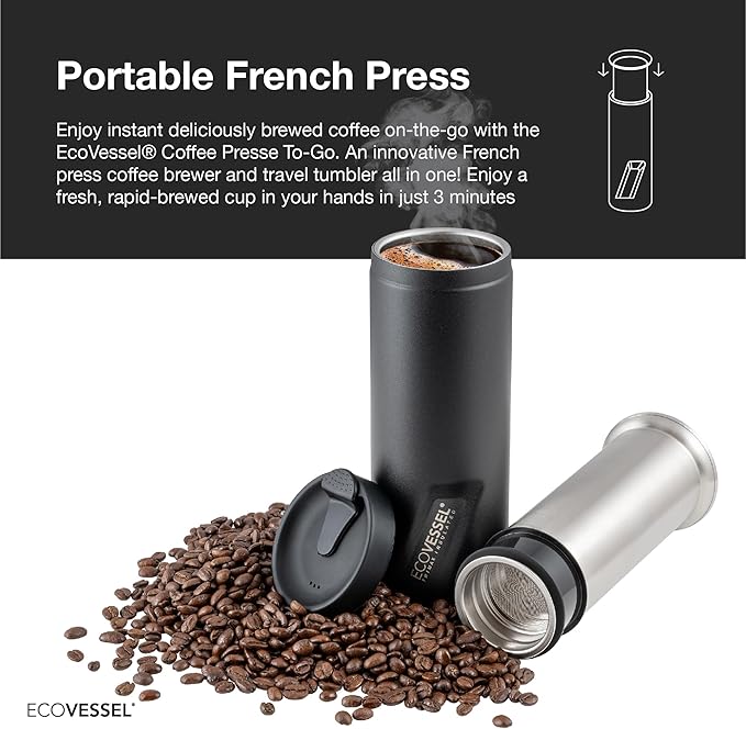 EcoVessel Travel French Press, Portable Coffee Maker, Stainless Steel Insulated Coffee Press, Reusable Single Serve Bottle for On-The-Go Use, 14oz (Mint)