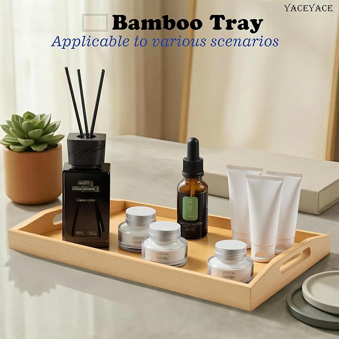 Ottoman Tray for Living Room, 15"x9.8"x2", Small Bamboo Serving Tray with Handles, Trays for Ottoman, Breakfast, Dining, Bar, Bathroom