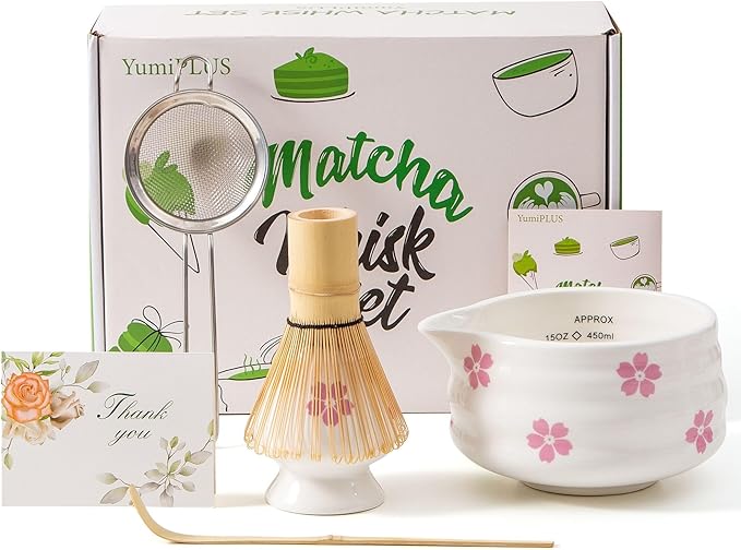 5pcs Premium Matcha Set,Ceramic Bowl with Spout and Bamboo Whisk set, Cherry Blossom Matcha Kit for breakfast/latte,Tea Starter Making Kit,Cute Matcha Gift set (sakura)