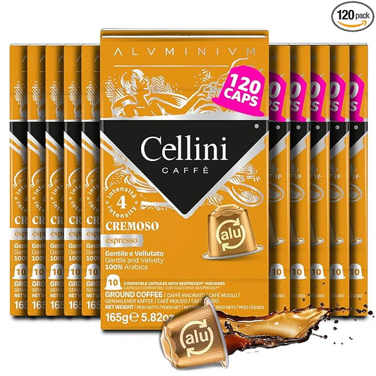Cellini Caffè Cremoso Aluminum Nespresso Pods, 120 Count, Medium Roast Coffee Capsules, 100% Nespresso Original Machine Compatible