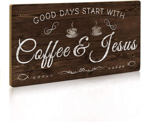 Putuo Decor Coffee Sign, Kitchen Coffee Bar Decor, 12 x 6 Hanging Plaque, Gifts for Coffee Lover (Good Days Start with Coffee & Jesus)