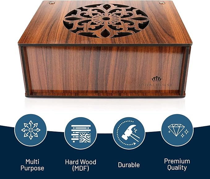 RoyalHouse Premium Wood (Hard MDF) Tea Storage Box Organizer (Brown), Eco-Friendly Multi-Functional Decorative Box, 9 Compartments For Assorted Variety Of Tea Bags and Small Items