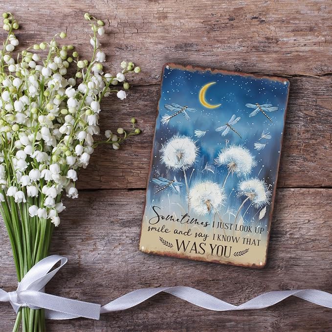 Sanwarm Metal Sign 8X12 Inch, Just Look Up Smile Say I Know That Was You Dragonfly Dandelion Inspiring Vintage Tin Sign Wall Art Decor for Home, Living Room, Bedroom, Office, Cafe And Pub Decoration - Image 6