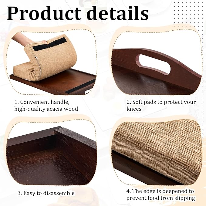 Tioncy 1 Piece Bamboo Lap Tray with Detachable Pillow 16.9'' x 13'' Lap TV Trays Desk with Handles for Adults Eating in Recliner Breakfast Housewarming Gift (Walnut Brown)