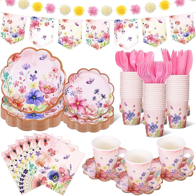 176 Pcs Tea Party Supplies Include Floral Paper Tea Cups and Saucers Disposable Blossom Theme Paper Plates and Napkins Flower Banners for Baby Shower Birthday Bridal Wedding Spring Party
