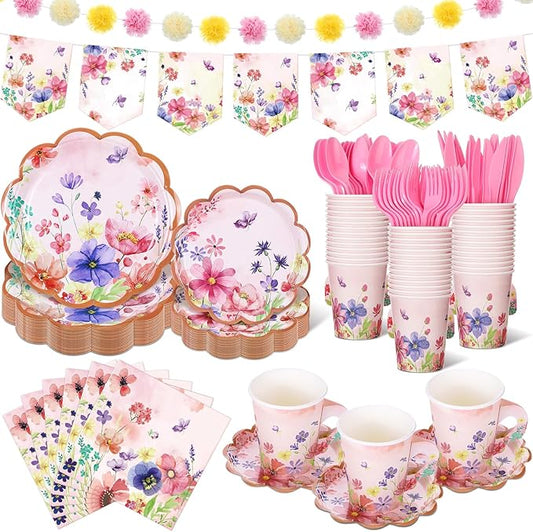 176 Pcs Tea Party Supplies Include Floral Paper Tea Cups and Saucers Disposable Blossom Theme Paper Plates and Napkins Flower Banners for Baby Shower Birthday Bridal Wedding Spring Party
