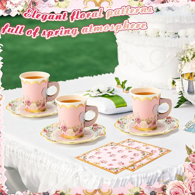 Vesici 150 Pcs Floral Tea Party Decorations for Table 9 oz Disposable Paper Tea Cups with Handles Plates, Saucers and Napkins Set for Spring Party Girl Birthday Wedding Mothers Day(Classic Style)