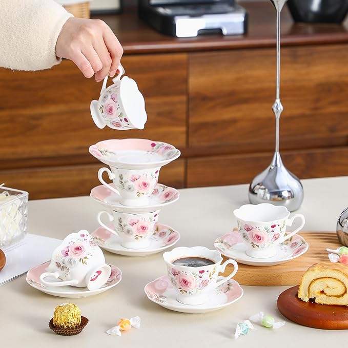 Porcelain Demitasse Set of 6 (12-Piece) - 2.5oz Espresso Cups & Saucers with Romantic Pink Floral Pattern, Dishwasher & Microwave Safe