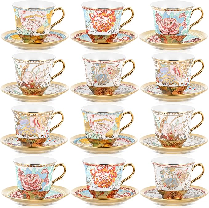 Set of 12 Tea Cups and Saucers Tea Party Decorations Floral Porcelain 5.4 oz British Gift for Women Birthday Party, Church, and Mother's Day (Vibrant Style)