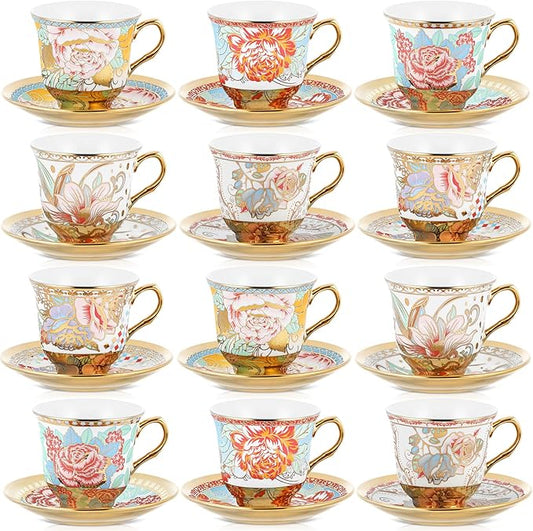 Set of 12 Tea Cups and Saucers Tea Party Decorations Floral Porcelain 5.4 oz British Gift for Women Birthday Party, Church, and Mother's Day (Vibrant Style)