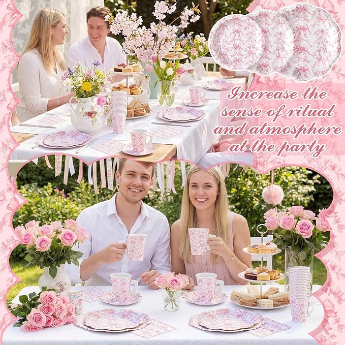 Pickmesh 252 Pcs Pink Bow Floral Tea Party Supplies for 36 Guests Flower Paper Disposable Dinnerware Flower Teacup with Handle and Saucers Set for Tea Party Decorations Birthday Baby Shower Wedding
