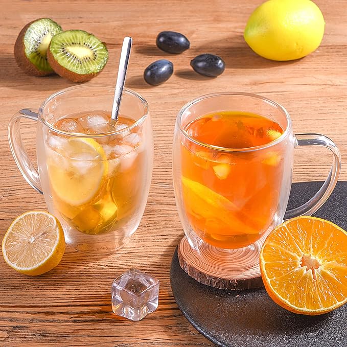 Double Wall Glass Coffee Mugs, 12 Oz Clear Coffee Mugs with Handle, Insulated Glass Coffee Mugs Set of 6, Perfect for Espresso, Cappuccino, Latte, Americano, Tea Bag, Beverage