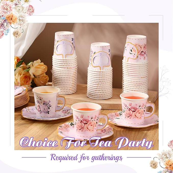 Umigy 60 Set Tea Party Supplies Disposable Floral Paper Tea Cups with Handle and Plates Elegant Blossom Teacups and Saucers Sets with Tape for Hot Cold Drink Party(9 oz)