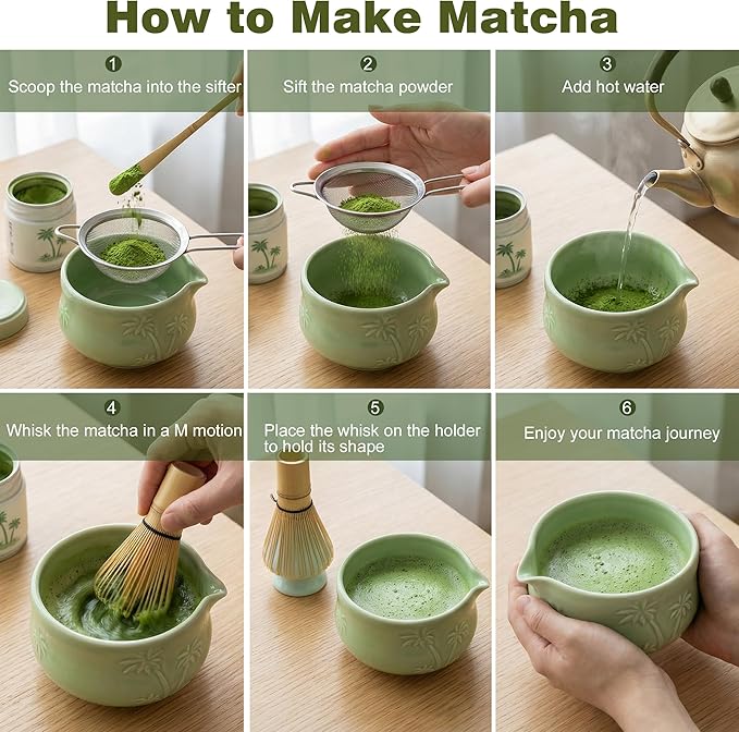 Matcha Whisk Set -7 Pcs Ceramic Matcha Kit Includes Matcha Bowl,Holder,Matcha Sifter, Bamboo Whisk (Chasen),Matcha Spoon and Scoop and Tea Towel,Matcha Kit for Matcha Lovers(Cyan)