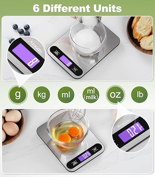 Atogou Food Scale, 33lb/ 15kg Digital Kitchen Scale with Full View LCD Display, Durable Stainless Steel Surface, for Cooking, Baking, Meal Prep Black