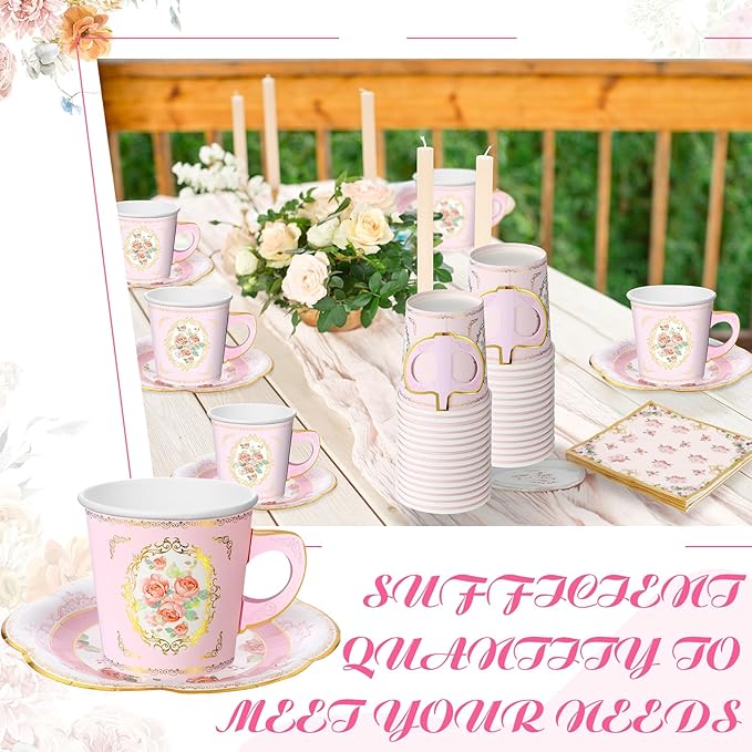 Umigy 36 Sets Tea Party Decorations 6.5 oz Floral Paper Tea Cups with Plates Paper Napkins Disposable Blossom Teacups and Saucers Sets for Girls Birthday Party Supplies(Pink)
