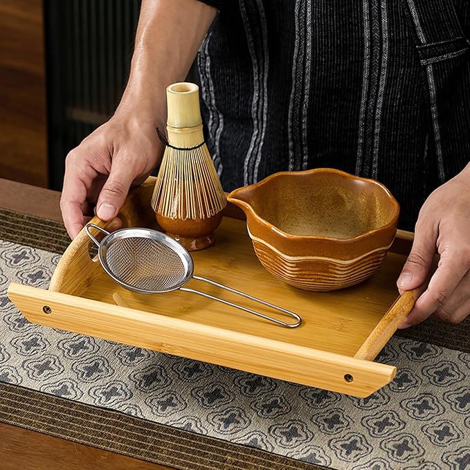 Matcha Bowl Set with Bamboo Whisk, Sifter & Scoop - Complete Ceramic Japanese Tea Ceremony Kit for Traditional Matcha Preparation (tan yellow (with a textured finish of light and dark gradients）)