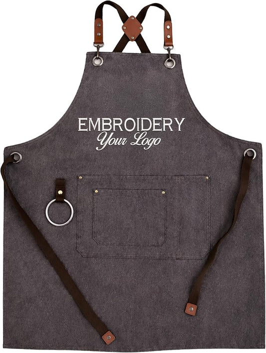 TEEAMORE Custom Design Apron for Men Women Adjustable Crossback Thick Work Apron with Pockets Personalized Canvas by Teeamore
