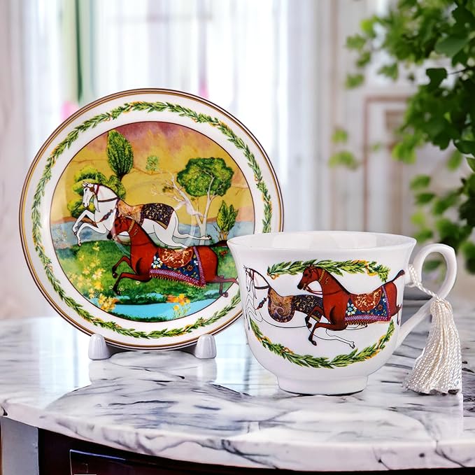 STP GOODS Bone China Tea/Coffee Cup and Saucer in Gift Box Fine Bone China Tea Cup and Saucer Set of One (Running Horse)